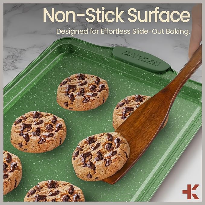 BAKKEN Kitchen Baking Pan Set - Nonstick Green Marble Coating, Carbon Steel Bakeware Sets with Green Silicone Handles, Kitchen Essentials, PFOA, PFOS, PTFE Free, Oven Safe (Up To 450° F), Set of 6