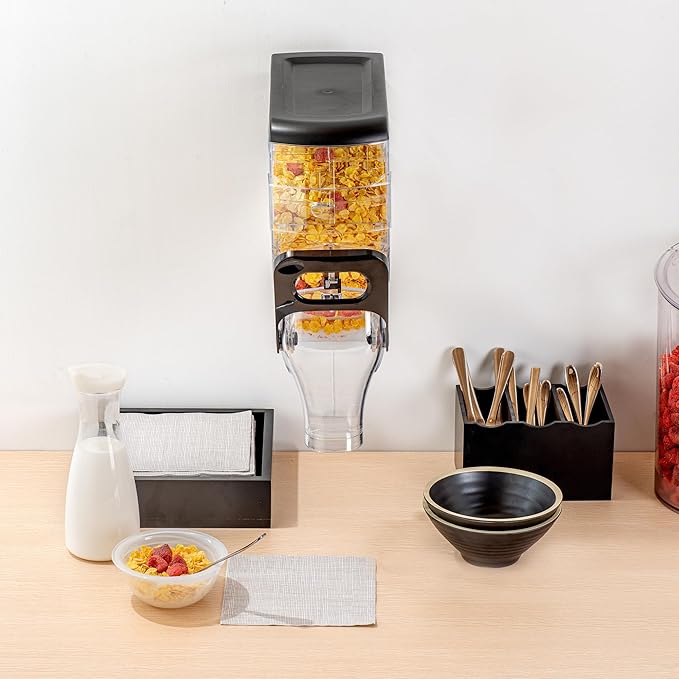 Restaurantware-Met Lux 2.1 Gallon Dry Food Dispenser, 1 Airtight Cereal Dispenser - Wall-Mounted, Single Control, 1 Black Plastic Grain Holder, For Snacks, Nuts, Or Coffee Beans