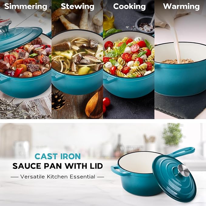 Onader Enameled Cast Iron Sauce Pan, 2QT Saucepan with Lid, Small Cast Iron Pot for Cooking, Enamel Dutch Oven Nonstick & Heavy Duty – Dark Cyan