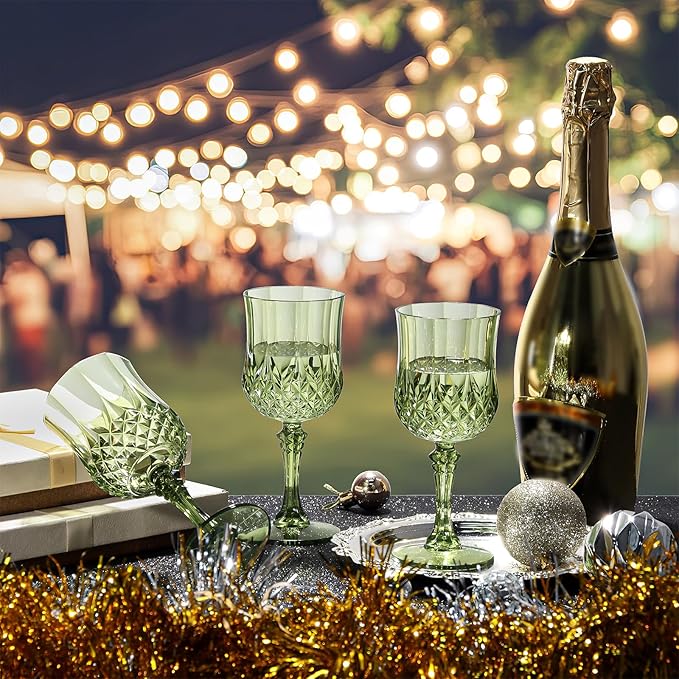XUWAIDSGN 7oz Plastic Vintage Wine Glasses Drinking Glasses Unbreakable Wedding Glassware Crystal Water Goblets Reusable Drinkware Vintage Champagne Flutes (100, Dark Green)