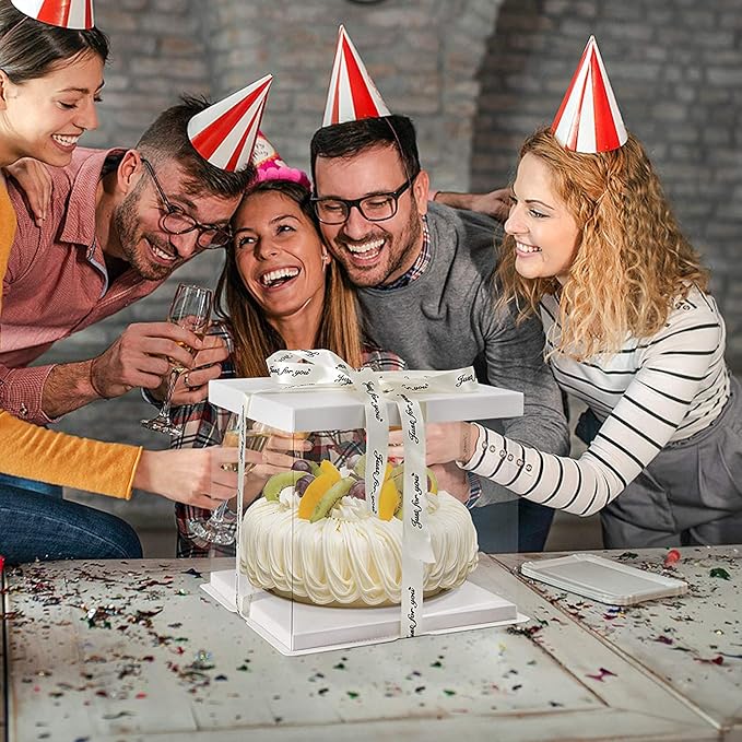 4 Pack Clear Cake Box Carrier 10" X 10" X 9" Cake Packaging Container with Ribbon Transparent Boxes with Lid Gift Package for Birthday Wedding Party, White