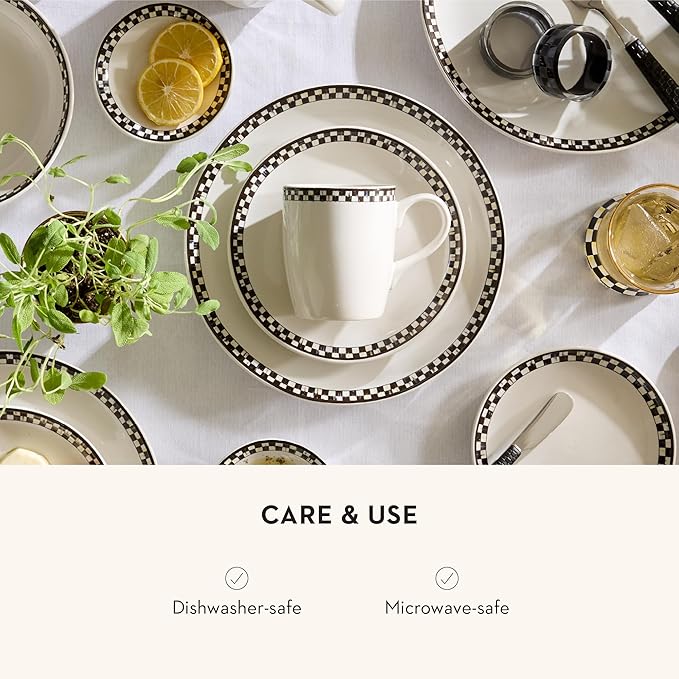 MACKENZIE-CHILDS Set of 4 Everyday Mugs, Dishwasher-Safe and Microwave-Safe, 14-Ounce Capacity, Black-and-White Courtly Check