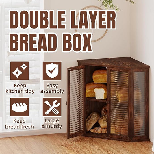 Corner bread box Bread Box for Kitchen Countertop - Corner Bread Storage Box 16.5" H, Premium Pine Wood with Glass Door, Perfect for Homemade Bread, Baguettes & Pastries (Brown)