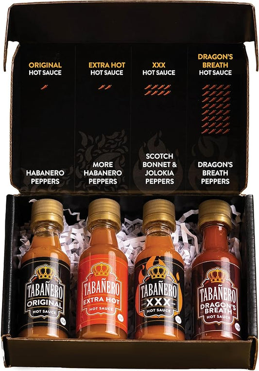Tabañero Challenge Box, Hot Sauce Gift Set, 4 Pack, Original, Extra, XXX Hot and Dragon's Breath, 1.7 oz Mini Glass Bottles, Gluten Free, All Natural, Low Sodium, Vegan, Kosher, Made in the USA