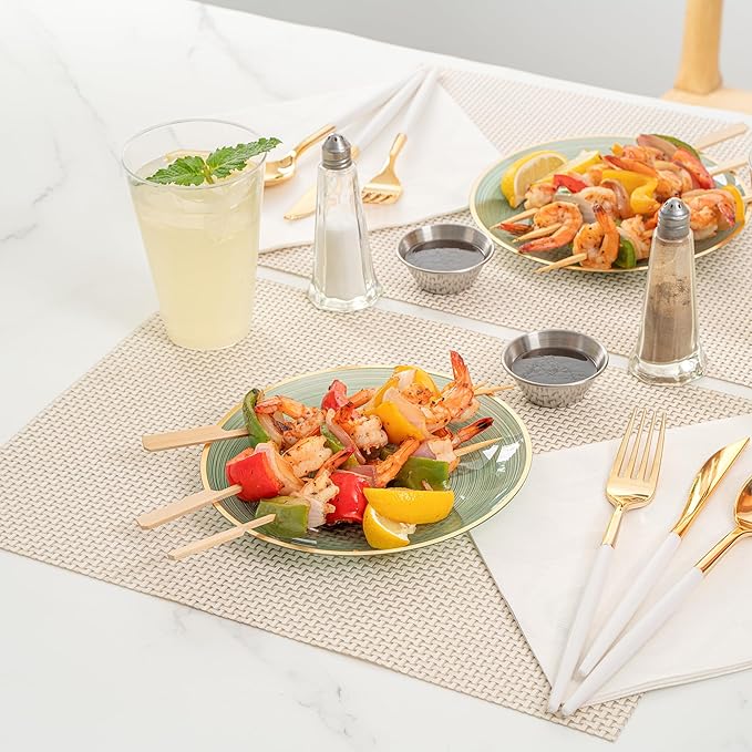 Restaurantware Plastic Plates 20 Pcs 7.25" Gold Rimmed Disposable Plates Heavy-Duty Green Translucent Rippled Plastic Dinner Servers for Party, Weddings, Salads, Desserts, and Appetizers