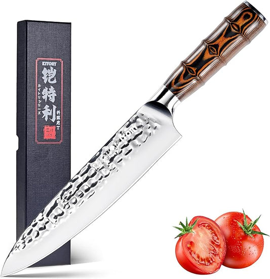 Kitory Chef Knife 8", Japanese Kitchen Knives, HC Stainless Steel, Hammered Ultra Sharp Blade, with Bamboo Shape Ergornomic Handle,Cooking Cutlery 2025 Gifts for Home & Restaurant
