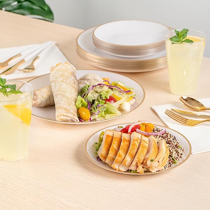 Restaurantware Plastic Plates 40 Pcs 7.13" and 10" Combo Gold Rimmed Plate Set Disposable Heavy-Duty White Translucent Rippled Plastic Dinner Servers for Party, Weddings, Salads, Desserts