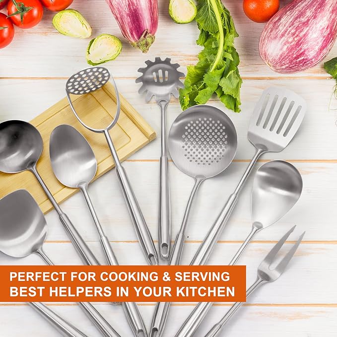 18/10 Stainless Steel Kitchen Utensils Set, 304 Stainless Steel Utensil, 12 PCS Large Metal Cooking Utensil Tools Set