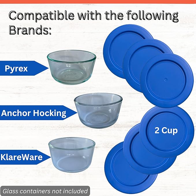 2 Cup/470 mL Blue Replacement Lids/Covers for Pyrex 7200-PC, 2 Cup/16oz Anchor Hocking & Klare Ware Storage Bowls *Lids Only* - *Glass Container Not Included* (6 Pack, Blue)