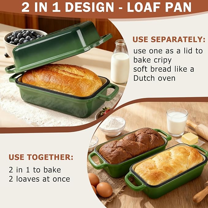9 x 5 Inch Bread Pan Enameled Cast Iron Loaf Pan with Lid for Baking, 2 in 1 Non-stick Sourdough Bread Loaf Pan for Homemade Bread, Oven & Stovetop Safe for Gas, Electric & Induction, Green
