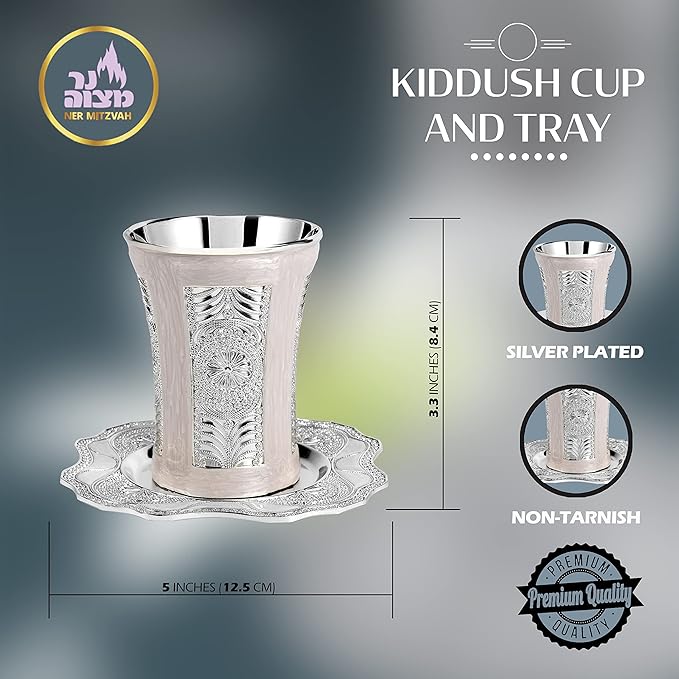 Ner Mitzvah Kiddush Cup and Tray - Premium Quality Marble and Silver Plated Wine Cup - For Shabbat and Havdalah - Judaica Shabbos and Holiday Gift