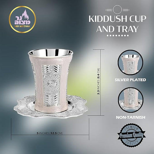 Ner Mitzvah Kiddush Cup and Tray - Premium Quality Marble and Silver Plated Wine Cup - For Shabbat and Havdalah - Judaica Shabbos and Holiday Gift
