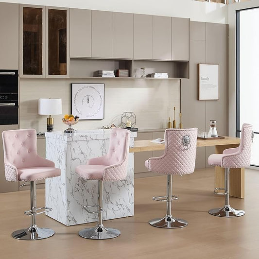 Velvet Lion Bar Stools Set of 6, Modern Height Adjustable Swivel Barstools with Chrome Base, Tufted Counter Height Bar Stools Upholstered Bar Chairs for Kitchen Island, Dining Room, Pink
