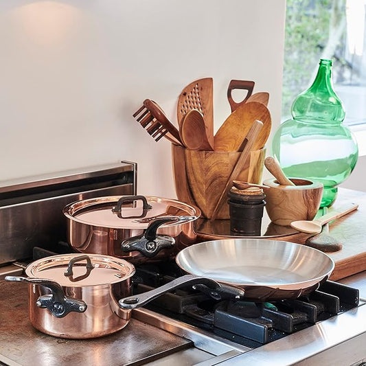 Mauviel M'Heritage 150 CI 1.5mm Polished Copper & Stainless Steel DeLuxe 3-Piece Cookware Set, With Sauce Pan With Lid, 1.2-Qt and Frying Pan 7.8-In, Cast Iron Handles, Made in France
