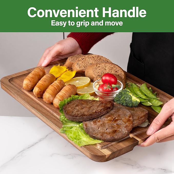 Wood Cutting Board For Kitchen, Acacia Wood Cutting Board Set of 3 with Juice Groove, Double-Sided Chopping Board Serving Board with Hanging Hole for Meat, Vegetables and Cheese