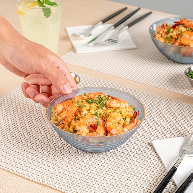 Restaurantware Plastic Bowls 100 Pcs 16 oz Gold Rimmed Disposable Soup Bowls Heavy-Duty Blue Translucent Rippled Dinnerware Containers for Party, Desserts, Salads, Snacks, and Catering