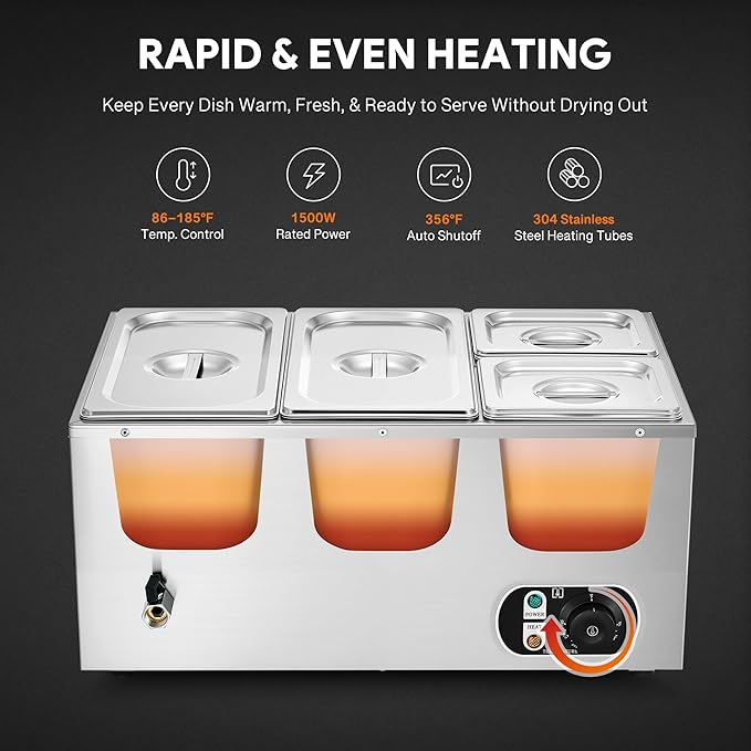 WILPREP Single-Well Commercial Food Warmer with Two 1/3 Two 1/6 Pans, Electric Warmer for Food with Adjustable Temp & Auto Shutoff, Stainless Steel Food Heating Unit for Buffet Food Truck Hotel More