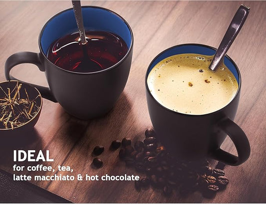 MIAMIO - Set of 6 Stoneware Coffee Mugs 12 Ounce/Cup Set - Le Papillon Collection (Black-Blue)