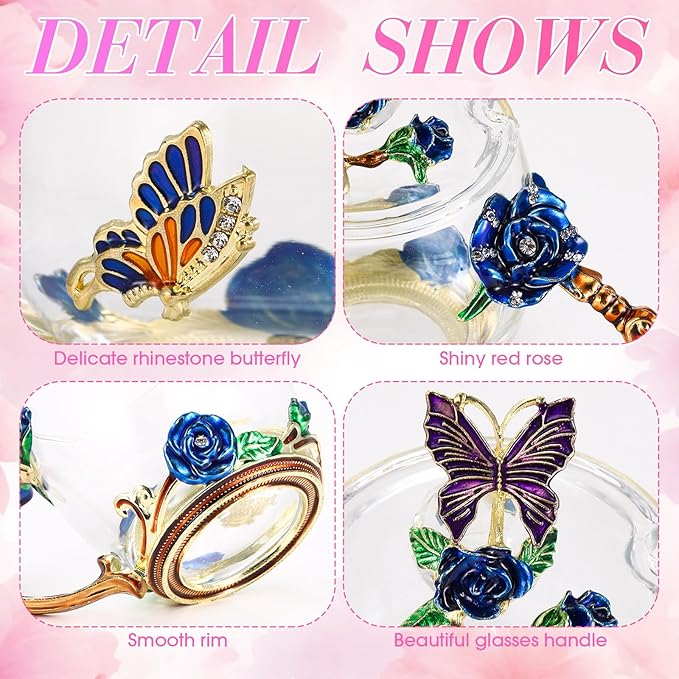 Nuanchu 4 Sets Flower Glass Tea Cups with Lids and Spoon Butterfly Vintage Glass Coffee Mugs Floral Fancy Clear Teacup for Christmas Women Mom Wife Girlfriend(Pink, Purple, Blue, Red,11 Oz,12 oz)