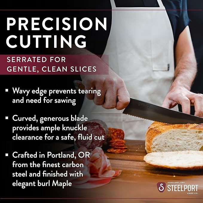 STEELPORT 10” Bread Knife – Multifunctional Serrated Kitchen Knife | Carbon Steel Blade for Sourdough, Bread, BBQ | Handcrafted Home & Professional Chef Tool with Oregon Maple Burl Handle