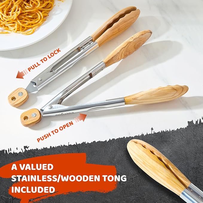 Olive Wood Cooking Utensils Set, 5 PCS Wooden Spoons for Cooking Includes Stainless/Wood Tong, Natural Non-Stick Wooden Utensils Set with Innovative Finger Groove & Non-Slip Notch Design