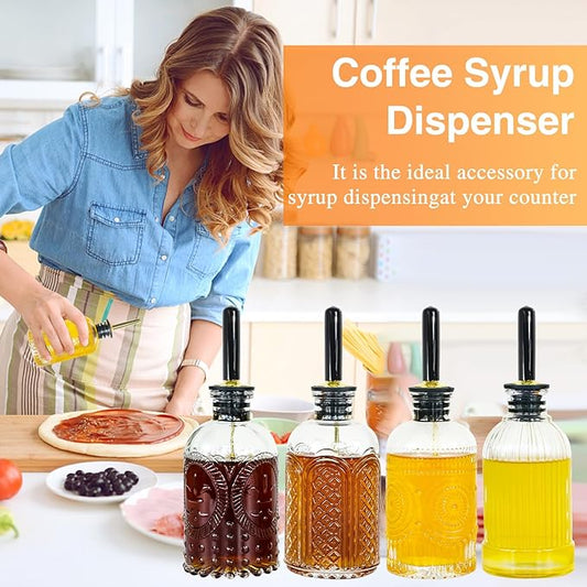 Syrup Dispenser Bottles Set,4 pcs 7oz Glass Coffee Syrup Bottle,Coffee Bar Accessories with Metal Pour Spout Ideal and labels for Coffee Syrups,Coffee bar