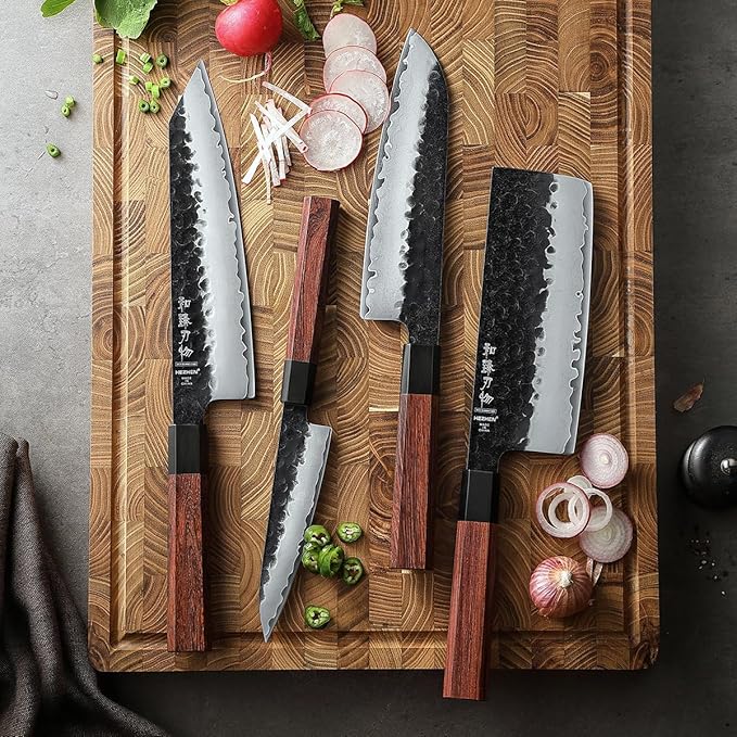 HEZHEN Kitchen Knife Set 4PCS, Clad Steel Chef Knife Nakiri Forged Steel Santoku, Wooden Octagonal Handle