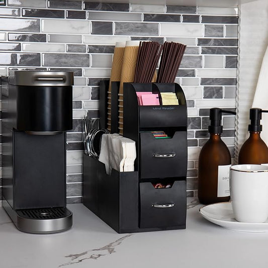 Mind Reader Cup and Condiment Station, Countertop Organizer, Coffee Bar, Kitchen, Stirrers, 5.35" W x 11.25" L x 11.15" H, Black (Pack of 8)