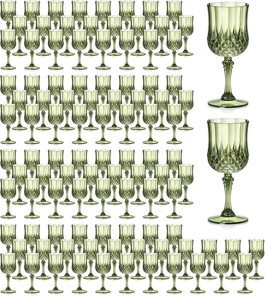 XUWAIDSGN 7oz Plastic Vintage Wine Glasses Drinking Glasses Unbreakable Wedding Glassware Crystal Water Goblets Reusable Drinkware Vintage Champagne Flutes (100, Dark Green)