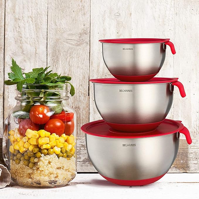 Belwares Mixing Bowls with Lids Set - 3-Piece Stainless Steel Nesting Bowls with Graters, Handles, and Airtight Lids - Non-Slip Mixing Bowls for Cooking, Baking, Prepping, and Food Storage (Red)