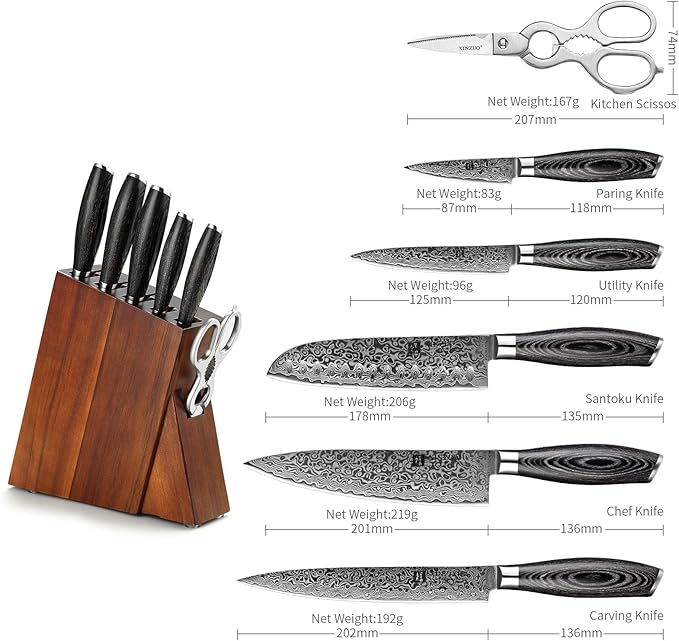 XINZUO Kitchen Knife Block Set,7-Piece Damascus Cooking Knife Set with Kitchen Shears for Professional Chefs and Home Cooking,Pakkawood Handle, Gift Box