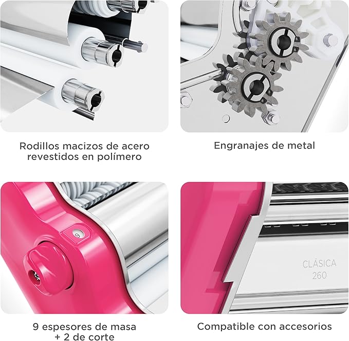 PASTALINDA Classic 260 Pasta Maker Machine, 26 cm Wide Rollers, 9 Thickness Positions, 2 Cutting Positions, Stainless Steel. Includes Reinforced Hand Crank And Two Clamps (Fuchsia)