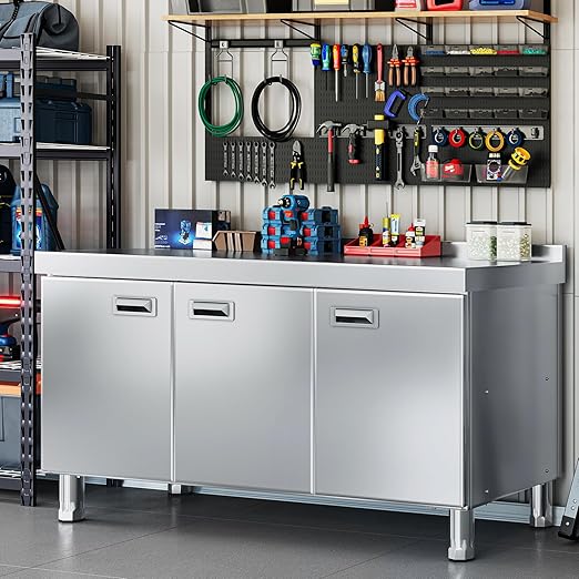 WWK 59" Stainless Steel Table with Cabinet, Commercial Kitchen Table for Prep & Work, Heavy Duty Kitchen Cabinet with 3 Doors for Restaurant, Hotel, Garage, Cafe and Outdoor