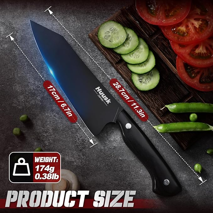 Huusk Japanese Chef Knife for Kitchen - 7in Kirisuke Knife with Black Titanium Coating, Stainless Kitchen Cooking Knifes for Vegetable & Meat Cutting, Ultra Sharp Sushi Knives, Fathers' Day Gifts