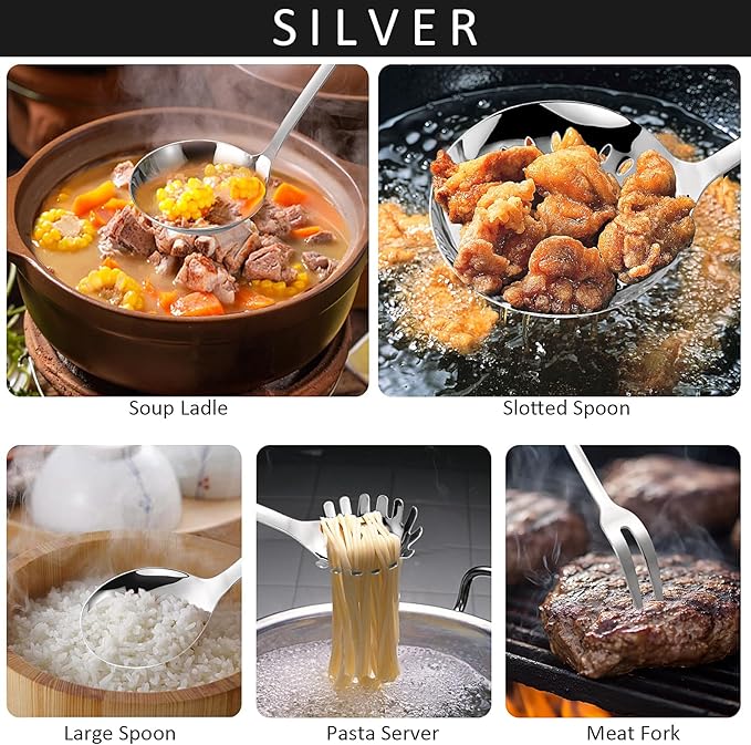 304 Stainless Steel Cooking Utensils Set,9PCS Metal Kitchen Utensils Set with Wooden Handle,Solid Spoon,Spatula,Ladle,Skimmer Spoon,Spaghetti Spoon,Dishwasher Safe