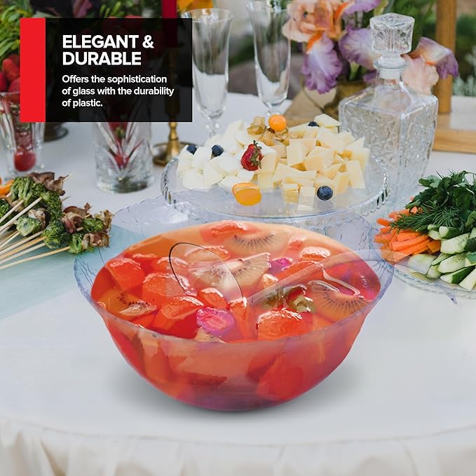 Stock Your Home Premium Plastic Punch Bowl with Ladle, Fancy Disposable Punch Bowls for Parties, Holidays, Schools, Halloween, and More, Quality Glass Like Appearance, Large Punch Bowl with Ladle Set