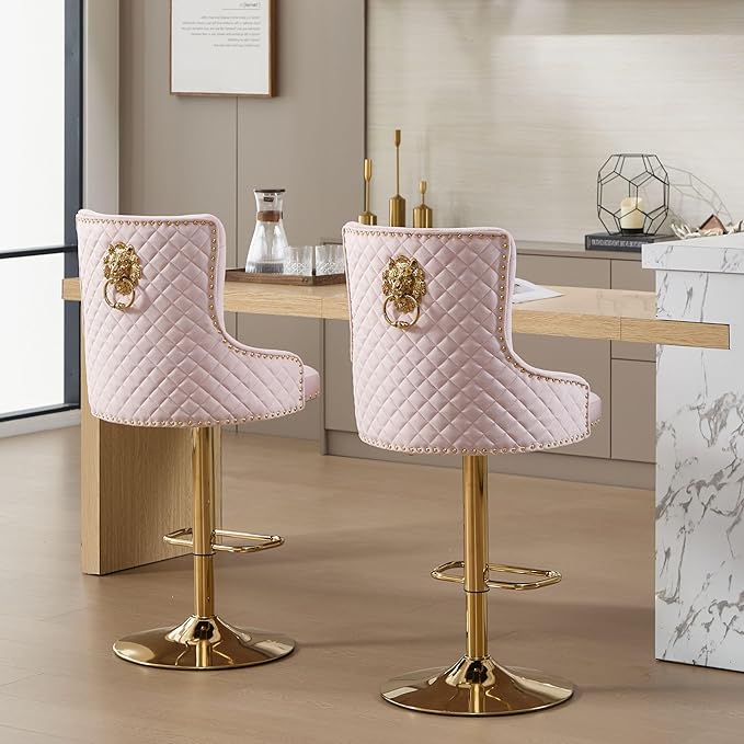 Velvet Gold Barstools Set of 2, Modern Counter Height Adjustable Swivel Stools Chairs with High Tufted Backrest Golden Base Lion Head Pull Ring Diamond Pattern Rivet Trim for Kitchen (Pink)