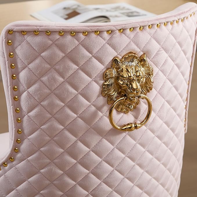 Velvet Gold Barstools Set of 2, Modern Counter Height Adjustable Swivel Stools Chairs with High Tufted Backrest Golden Base Lion Head Pull Ring Diamond Pattern Rivet Trim for Kitchen (Pink)