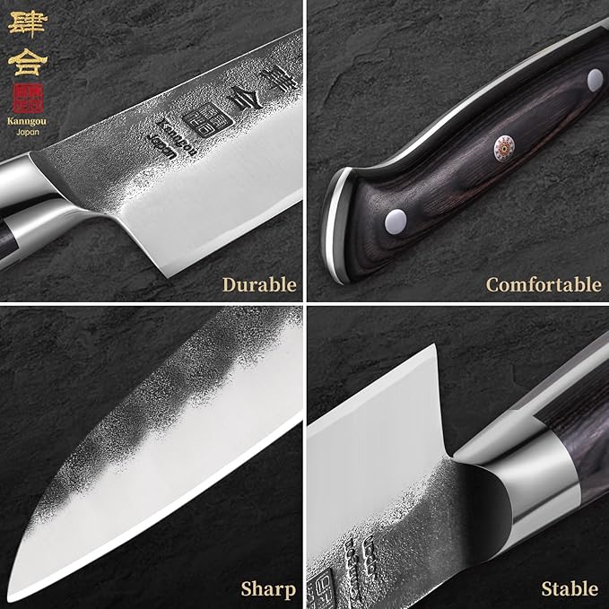 7 Inch Santoku Knife, Black Forged Japanese Chef Knife with AUS-8 Alloy Steel, Japanese Santoku Knife with Full Tang Pakkawood Handle, Christmas Gift with Premium Box (7 Inch Santoku Knife)