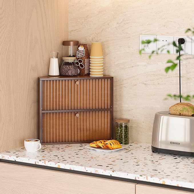 Corner Bread Box for Kitchen Countertop Bamboo Two Layer Large Capacity Bread Storage Bin Vintage Storage for Homemade Bread (Brown)