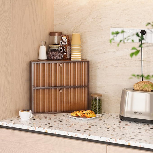 Corner Bread Box for Kitchen Countertop Bamboo Two Layer Large Capacity Bread Storage Bin Vintage Storage for Homemade Bread (Brown)