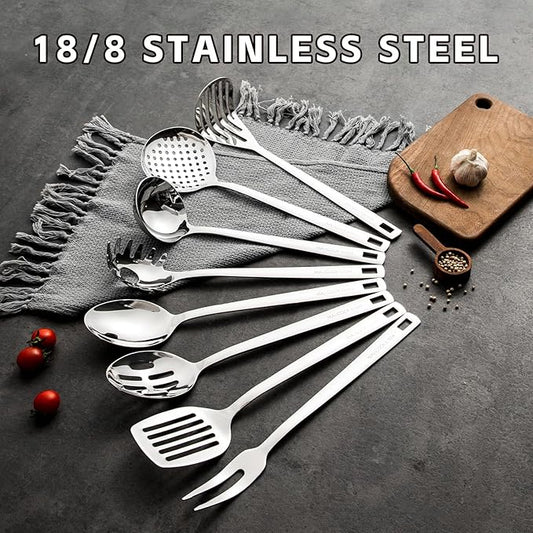 18/8 Stainless Steel Cooking Utensil set, 8 Pieces Metal Kitchen Utensils set, Slotted Spoon,Meat Fork,Ladle,Skimmer Spoon,Spatula,Spaghetti Server,Large Spoon,Masher (Dishwasher Safe, Silver)