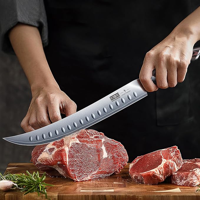 Carving Slicing Knife, 10 Inch Japanese High Carbon Steel Brisket Knife with Ergonomic Pakkawood Handle, Razor Sharp Curved Butcher Breaking Knives for Meat Cutting