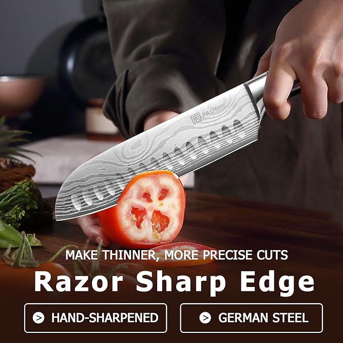 PAUDIN Santoku Knife, 7 Inch Kitchen Knife, Ultra Sharp Edge - Forged High Carbon German Stainless Steel, Professional Chef Knife with Ergonomic Handle, Gifts for Men and Women