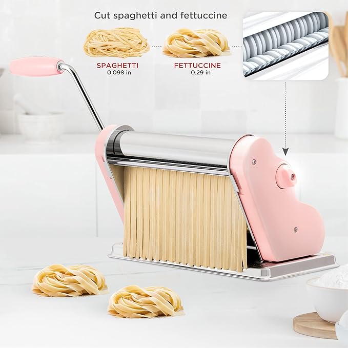 PASTALINDA Classic 260 Pasta Maker Machine, 26 cm Wide Rollers, 9 Thickness Positions, 2 Cutting Positions, Stainless Steel. Includes Reinforced Hand Crank And Two Clamps (Pink)