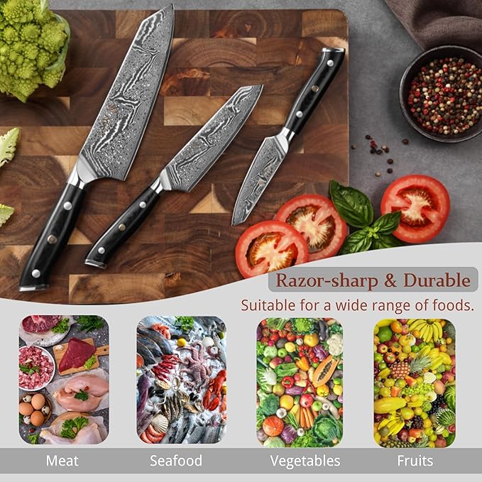 Wakoli NIT 3-Piece Kiritsuke Knife Set – Professional Damascus Kitchen Knives | 67-Layer VG10 Core Steel | Ergonomic G10 Handles | Japanese-Style Chef Knife Set in Wooden Gift Box