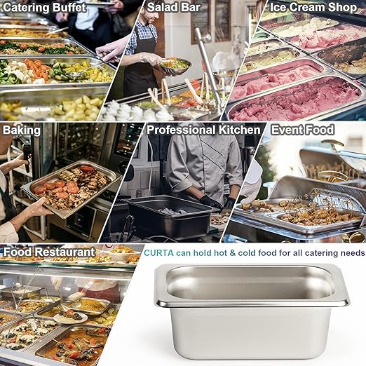 CURTA 6 Pack Anti-Jam Hotel Pans, 1/9 Size 2 1/2 Inch Deep, NSF Commercial 18/8 Stainless Steel Chafing Steam Table Pan, Catering Storage Metal Food Pan