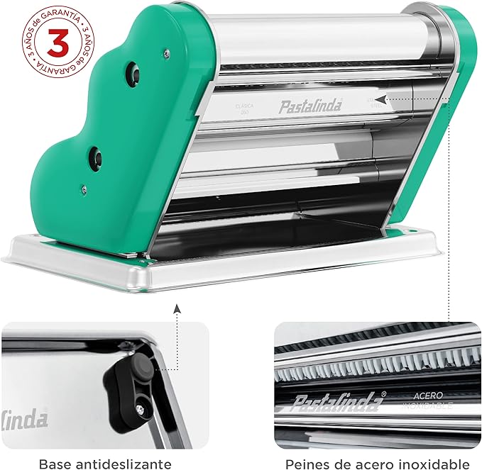 PASTALINDA Classic 260 Pasta Maker Machine, 26 cm Wide Rollers, 9 Thickness Positions, 2 Cutting Positions, Stainless Steel. Includes Reinforced Hand Crank And Two Clamps (Green)