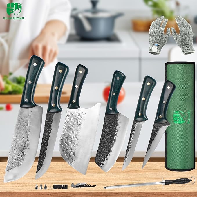 FULLHI Portable 12pcs Butcher Knife Set Green Woodhandle with Knife Bag Hand Forged Chef Boning Knife High Carbon Steel Viking for Kitchen, Camping, BBQ