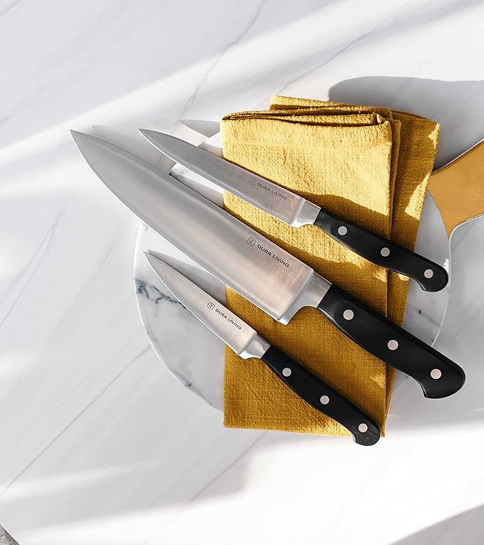 Chef's Knife Set, 4 Piece Cutlery Knife Set, Superior Forged High Carbon Stainless Steel Ultra Sharp 8 Inch Chef, 7 Inch Santoku, 5 Inch Utility, 3.5 Inch Paring Knives, Black